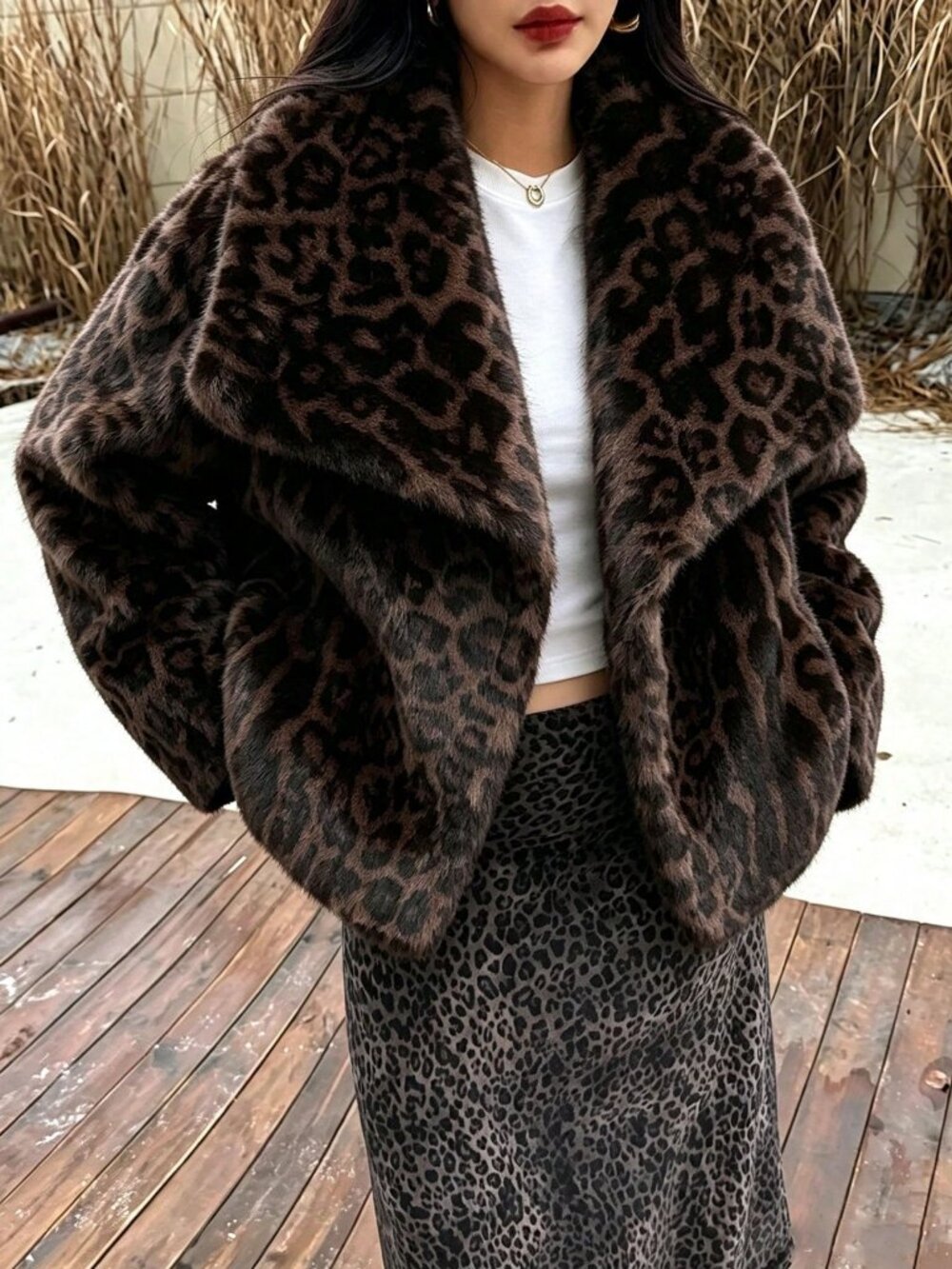 Animal Print Women's Faux Fur Animal Print Coat Jacket